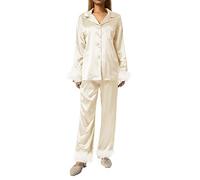Women Feather Trim Pajamas Set Long Sleeve Button-Down Lapel Collar Tops + Pants Sleepwear Set Silk Satin Loungewear (Champagne, L)