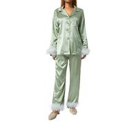 Women Feather Trim Pajamas Set Long Sleeve Button-Down Lapel Collar Tops + Pants Sleepwear Set Silk Satin Loungewear (Green, S)