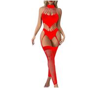 Women Fishnet Bodystocking Lingerie Sexy Footless Stockings Sleeveless Lace Bodysuit Halterneck One-Piece, Exotic1& Red,One Size