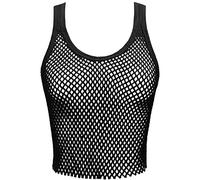 WOMEN FISHNET CROPPED TANK TOPS LADIES MESH GYM T-SHIRT SLEEVELESS STRING VEST[Black,M/L]