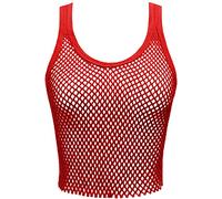 WOMEN FISHNET CROPPED TANK TOPS LADIES MESH GYM T-SHIRT SLEEVELESS STRING VEST[Red,S/M]