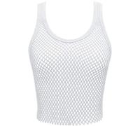 WOMEN FISHNET CROPPED TANK TOPS LADIES MESH GYM T-SHIRT SLEEVELESS STRING VEST[White,M/L]