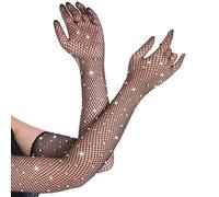 Women Fishnet Gloves With Rhinestone Fish Net Mesh Arm Long Sleeve 80s