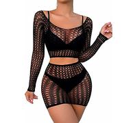 Women Fishnet Lingerie Set, Sexy Babydoll Mesh Bodysuit, See Through Chemise Hollow Out Bodystocking Teddy Outfit Rhinestone Crop Top and Shorts Underwear for Clubwear Nightwear Nightgown(Style F)