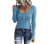 Women Fitted Button Scoop Neck Knitted Top Slim Fit Basic Solid Color Long Sleeve Y2K Top Sexy Going Out Partywear(Sky Blue,XX-Large)