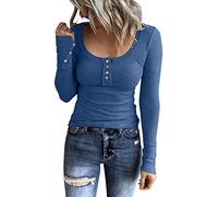 Women Fitted Button Scoop Neck Knitted Top Slim Fit Basic Solid Color Long Sleeve Y2K Top Sexy Going Out Partywear(Blue,Medium)
