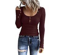 Women Fitted Button Scoop Neck Knitted Top Slim Fit Basic Solid Color Long Sleeve Y2K Top Sexy Going Out Partywear(Wine,Large)
