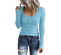 Women Fitted Button Scoop Neck Knitted Top Slim Fit Basic Solid Color Long Sleeve Y2K Top Sexy Going Out Partywear(Light Blue,Medium)