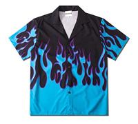 Women Flame Button Down Shirts Short Sleeve Men Bowling 3D Graphic Tops Print, #118 Blue, L