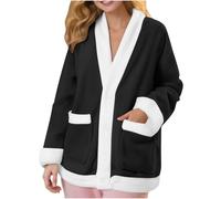 Women Flannel Fleece Pyjamas Jacket Button Down V Neck Fluffy Pajama Winter Warm Outerwear Thickened Plush Home Wear Fuzzy Sherpa Pjs Teddy Coat Loungewear Comfy Soft Nightwear with Pocket Black