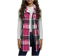 Women Flannel Plaid Shacket Plus Size Sleeveless Button-Down Shirt Jacket with Collar Fall Spring Lightweight Casual Long Jackets Checkered Pattern Vest Outerwear, No Pocket Hot Pink