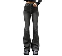 Women Flared Jeans - Slim Fit Bootcut Trousers Solid Color Fashion Curvy Denim Pants Mid-Rise Stretch Skinny Denim Trouser with Pockets Comfort Butt Lifting Jeggings Full Length Jeans for Daily Wear
