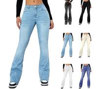 Women Flared Jeans - Slim Fit Bootcut Trousers Solid Color Fashion Curvy Denim Pants Mid-Rise Stretch Skinny Denim Trouser with Pockets Comfort Butt Lifting Jeggings Full Length Jeans for Daily Wear