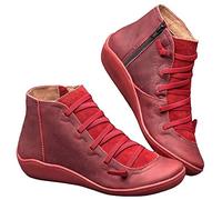 Women Flat Leather Ankle Boots Autumn Winter Comfortable Arch Support Boots Anti-Slip Waterproof Outdoor Walking Boots Red 6 UK