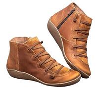 Women Flat Leather Ankle Boots Zipper Winter Slouch Arch Support Booties Rounded Toe School Office Chelseas Shoes Brown 7 UK