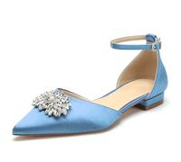 Women Flat Wedding Shoes for Bride Closed Toe Ballet Pumps Rhinestones Satin Ankle Strap Bridal Dress Prom Shoes,Light Blue,9.5 UK
