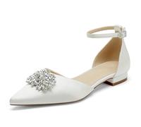 Women Flat Wedding Shoes for Bride Closed Toe Ballet Pumps Rhinestones Satin Ankle Strap Bridal Dress Prom Shoes,Ivory,4 UK