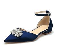 Women Flat Wedding Shoes for Bride Closed Toe Ballet Pumps Rhinestones Satin Ankle Strap Bridal Dress Prom Shoes,Navy,6.5 UK
