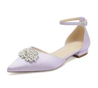 Women Flat Wedding Shoes for Bride Closed Toe Ballet Pumps Rhinestones Satin Ankle Strap Bridal Dress Prom Shoes,Light Purple,6.5 UK