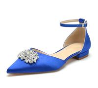 Women Flat Wedding Shoes for Bride Closed Toe Ballet Pumps Rhinestones Satin Ankle Strap Bridal Dress Prom Shoes,Blue,3.5 UK