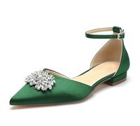 Women Flat Wedding Shoes for Bride Closed Toe Ballet Pumps Rhinestones Satin Ankle Strap Bridal Dress Prom Shoes,Green,8 UK