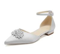 Women Flat Wedding Shoes for Bride Closed Toe Ballet Pumps Rhinestones Satin Ankle Strap Bridal Dress Prom Shoes,Silver,3.5 UK