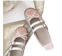 Women Flats Bow Ballet Dance Mary Jane Shoes Summer Sandals Dress Designer Casual Shallow(Pink,38)
