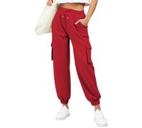 Women Fleece Cargo Sweatpants Drawstring Elastic Waist Petite Joggers for Women Short Leg Solid Color Plus Size Lightweight Cargo Trousers Baggy Ladies Lounge Pants with Pockets Tracksuit Bottoms Red