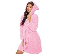 Women Fleece Fluffy Dressing Gown, Soft Cuddly Cute Teddy Bear Bathrobe with Hood & Ears, Winter Shaggy Sherpa Flannel Warm Plush Shawl Collar Blanket Dress, Cosy Housecoat, Nightgown Loungewear Pink