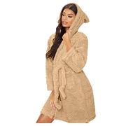 Women Fleece Fluffy Dressing Gown, Soft Cuddly Cute Teddy Bear Bathrobe with Hood & Ears, Winter Shaggy Sherpa Flannel Warm Plush Shawl Collar Blanket Dress, Cosy Housecoat, Nightgown Loungewear