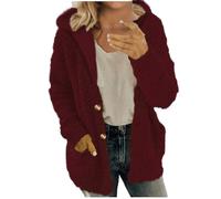 Women Fleece Hoodies Fluffy Teddy Coat Hoodie Women Thick Fleece Jacket Cardigan With Pocket Button Down Casual Coats Winter Jacket Warm Outwear Hooded Tops Jumpers Red XXL