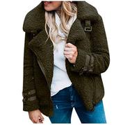 Women Fleece Jacket Zipper Wide Lapel Collar Belt Cuff Fuzzy Jacket