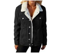Women Fleece Lined Denim Jacket Classic Collared Long Sleeve Button Cuff Jean Winter Coat Sherpa fuzzy Inner Lining Regular Fit Denim Warm Outerwear with Flap Chest Pockets Outdoor Daily Wear