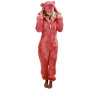 Women Fleece Onesie with Eye Mask Adult Long Sleeve Zip Up One Piece Fluffy Pyjamas Ears Hooded Pajamas Ladies Teddy Bear Onesie Winter Warm Cosy Plush Housecoats Jumpsuit Playsuit Loungewear Red