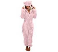 Women Fleece Onesie with Eye Mask Adult Long Sleeve Zip Up One Piece Fluffy Pyjamas Ears Hooded Pajamas Ladies Teddy Bear Onesie Winter Warm Cosy Plush Housecoats Jumpsuit Playsuit Loungewear