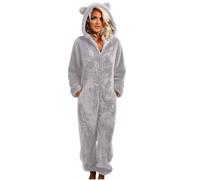 Women Fleece Onesie with Eye Mask Adult Long Sleeve Zip Up One Piece Fluffy Pyjamas Ears Hooded Pajamas Ladies Teddy Bear Onesie Winter Warm Cosy Plush Housecoats Jumpsuit Playsuit Loungewear Gray