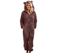 Women Fleece Onesie with Eye Mask Adult Long Sleeve Zip Up One Piece Fluffy Pyjamas Ears Hooded Pajamas Ladies Teddy Bear Onesie Winter Warm Cosy Plush Housecoats Jumpsuit Playsuit Loungewear Brown
