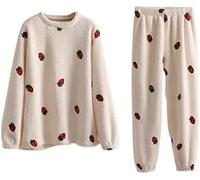 Women Fleece Pajamas Set Kawaii Fuzzy Strawberry Sleepwear Pullover Pants Winter Coquette Cute Fluffy Loungewear, Strawberry, Large