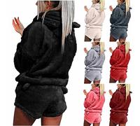 Women Fleece Pyjamas Set Fluffy Soft Hooded Twosie Pyjama Sets Teddy Bear Shorts Pjs Sherpa Fleece Loungewear Winter Warm Cosy Nightwear Comfort Loose Fit 2 Piece Outfit with Bear Ear Pockets Ladies