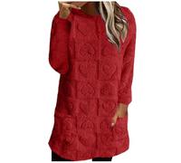 Women Fleece Sweatshirt Love Heart Oversized Pullover Flannel Winter Casual Long Sleeve Pockets Pullovers Fluffy Fuzzy Tops Loose Comfy Loungewear Ladies Sherpa Faux Fur Jumper Pyjamas Sleepdress Red