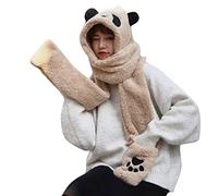 Women Fleece Three In One Hooded Cap Earflap Hat Long Scarf Gloves Windproof Hat Ski Riding Set Winter Plush Earflap Hat Scarf Pocket Mitten Set Panda Themed Set Ear Warmer Men (Beige, One Size)