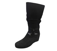 Women Flock Bow Heeled Slip Mid Calf Boots Round Toe Shoes Women's Workout Pants Mid Calf (Black, 5)