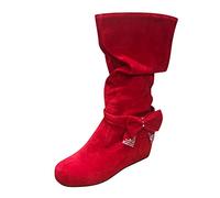 Women Flock Bow Heeled Slip Mid Calf Boots Round Toe Shoes Women's Workout Pants Mid Calf (Red, 6)