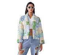 Women Floral Cropped Puffer Shacket Jacket Vintage Long Sleeve Button Down Short Padded Quilted Cardigan Coat (a-Green, S)