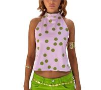 Women Floral High Neck Halter Tops Sleeveless Mock Neck Open Back Tank Top Vintage Backless Going Out Tops, Pink Polka Dot, M