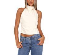 Women Floral High Neck Halter Tops Sleeveless Mock Neck Open Back Tank Top Vintage Backless Going Out Tops, Satin White, S