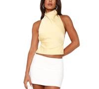 Women Floral High Neck Halter Tops Sleeveless Mock Neck Open Back Tank Top Vintage Backless Going Out Tops, Satin Butter Yellow, S