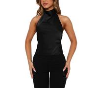 Women Floral High Neck Halter Tops Sleeveless Mock Neck Open Back Tank Top Vintage Backless Going Out Tops, Satin Black, L