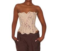 Women Floral Hollowed Strapless Corset Sheer Backless Lace-up Bustier Vest Vintage Lace Trim Textured Crop Tube Top Halloween Overbust Top (B-Light Brown, S)