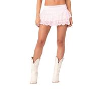 Women Floral Lace Mini Skirt Y2k Low Rise Ruffle Layered Wrap Pencil a Line Short Skirt Club Party Streetwear (A-Pink, S)
